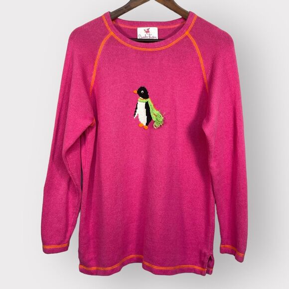 Quacker Factory Pullover Sweater Women M Pink‎ Penguin Knit Winter Intarsia P90 - Picture 1 of 10